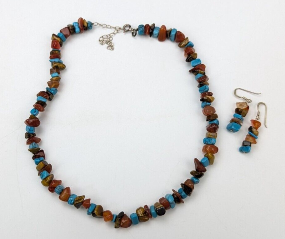 Faux Turquoise Carnelian Tigers Eye Stone Chip Sterling Necklace & Earrings Set
